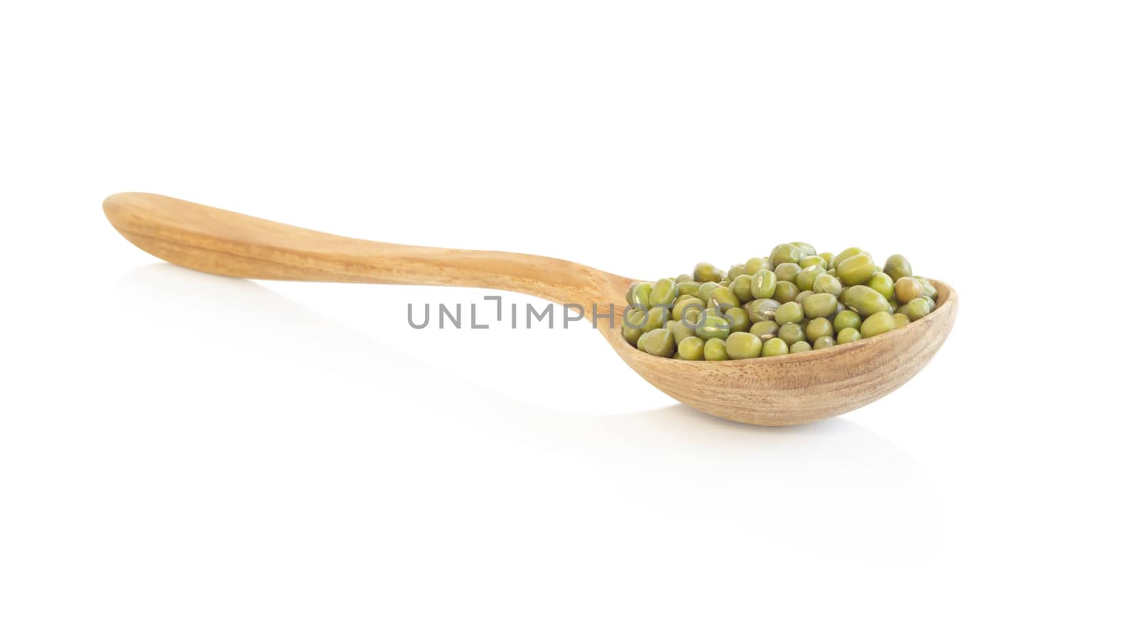 Mung beans wooden spoon isolated on white backgroun, health care concept