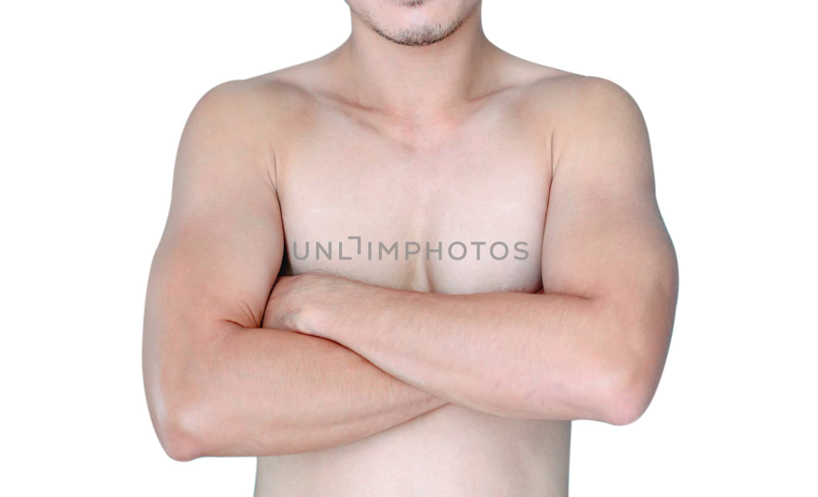 Closeup asian man crossed hand with white background, health care concept