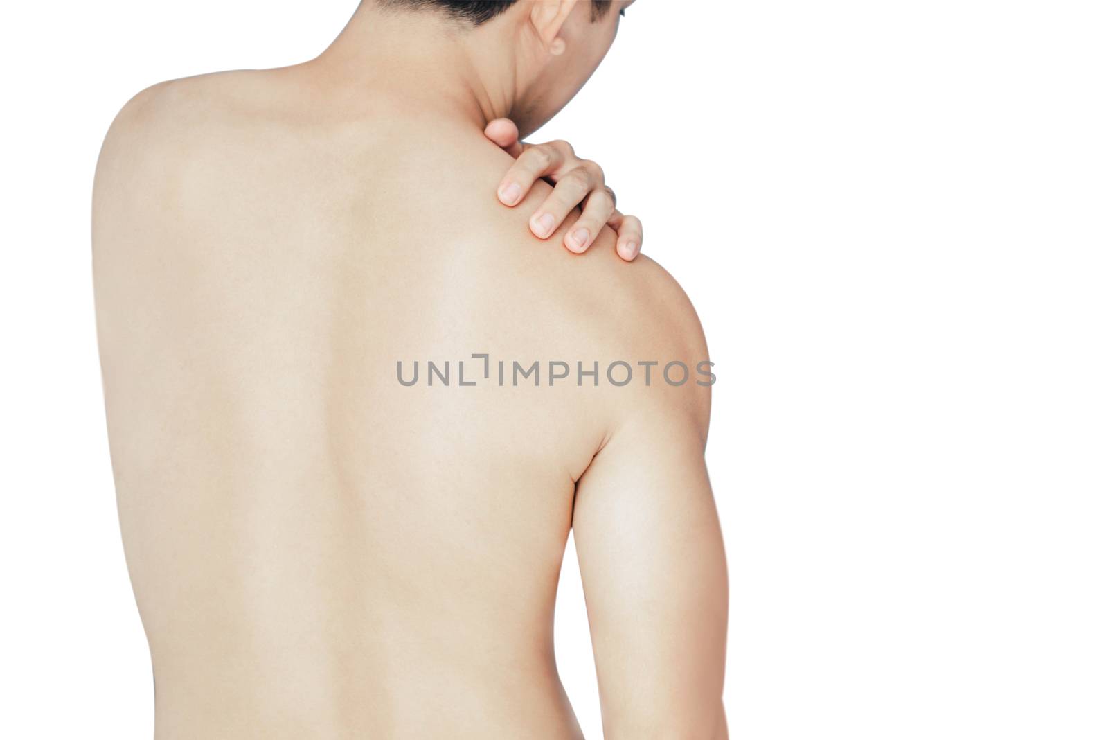 Closeup man hand holding shoulder with pain on white background, by pt.pongsak@gmail.com