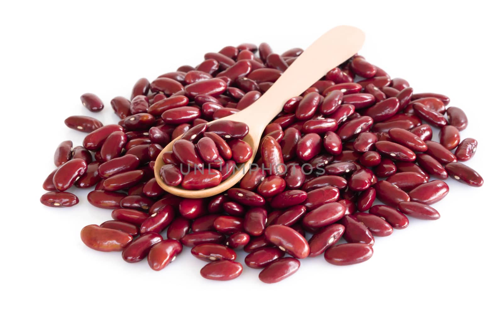 Red kidney beans in wood spoon isolated on white background, healthy food concept