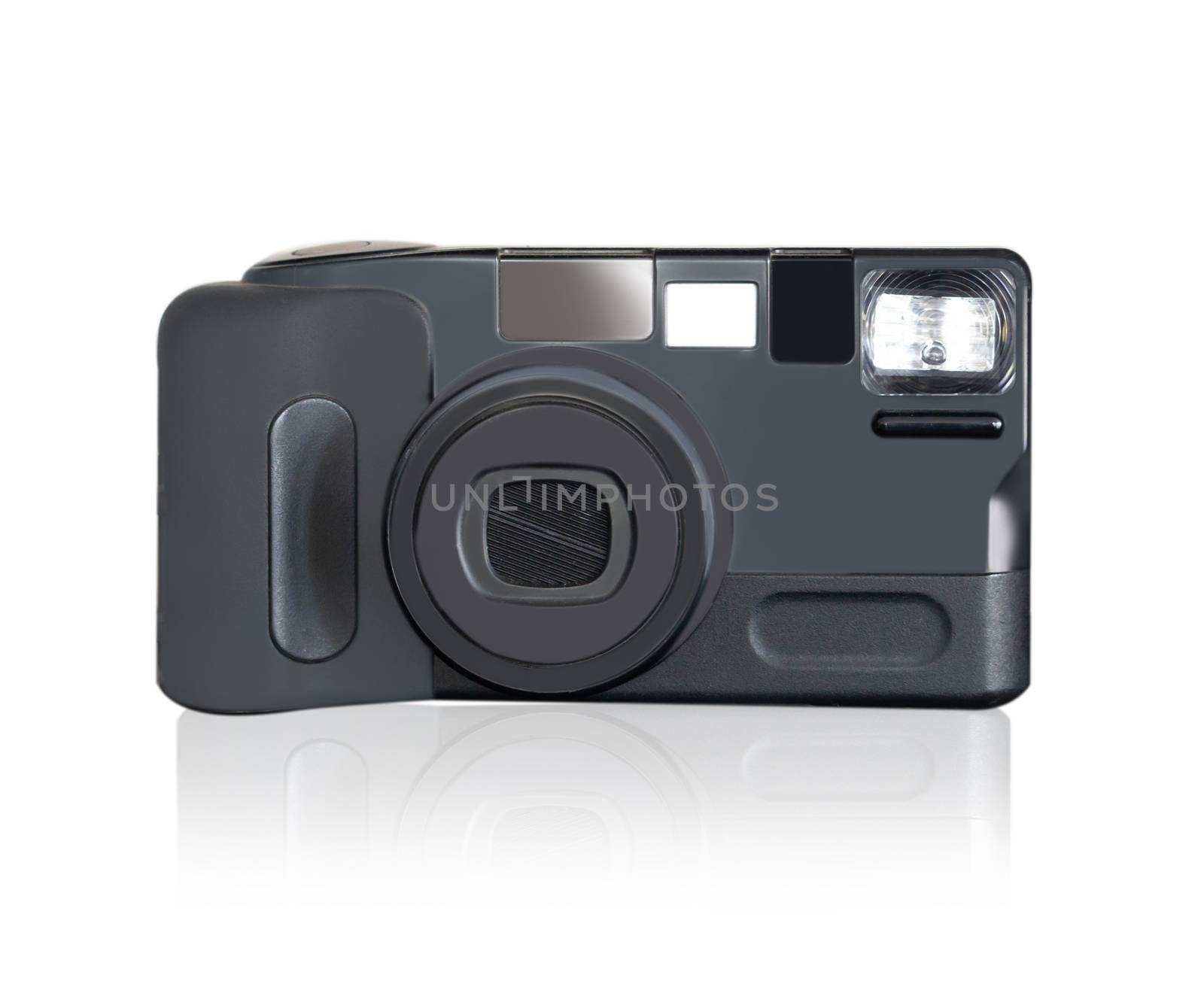 Closeup retro film photo camera isolated on white background
