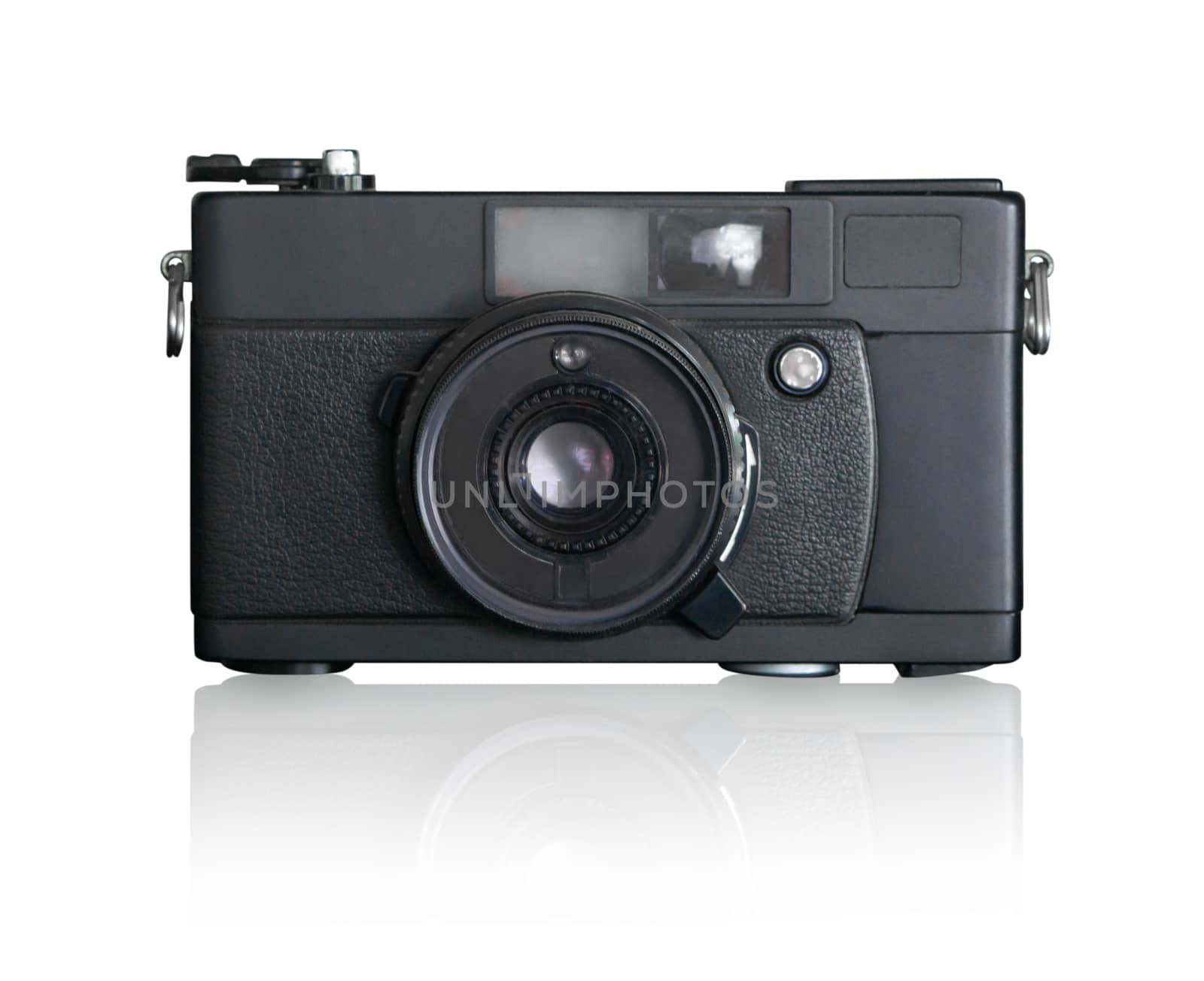 Closeup retro film photo camera isolated on white background