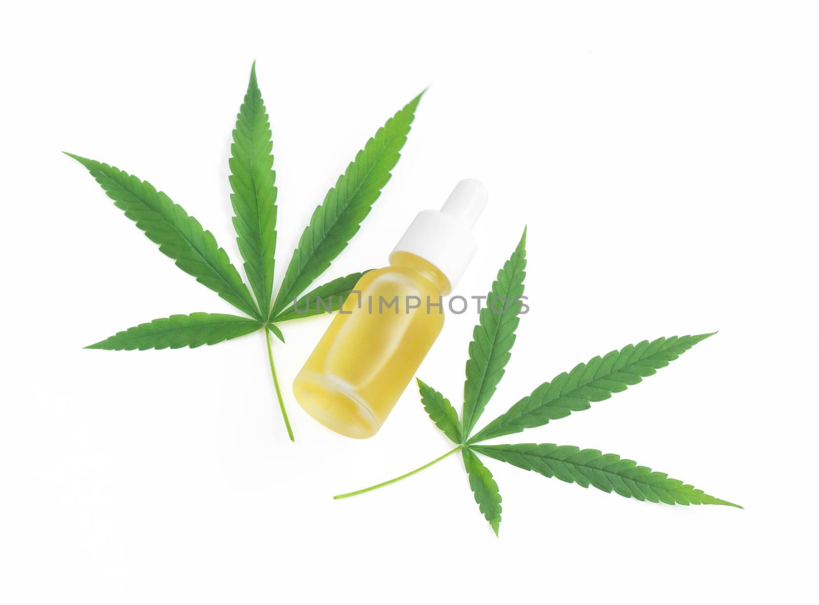 Cannabis or marijuana oil with green leaf plant on white background, health care and medical concept