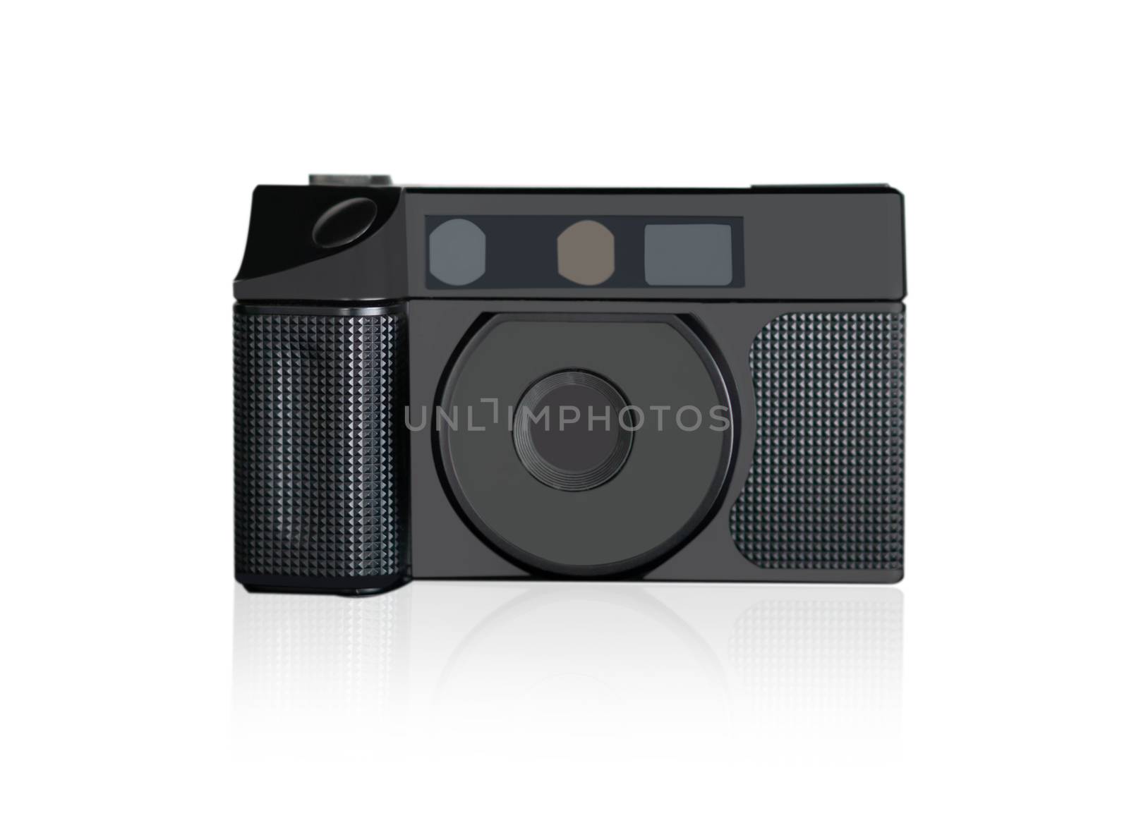 Closeup retro film photo camera isolated on white background