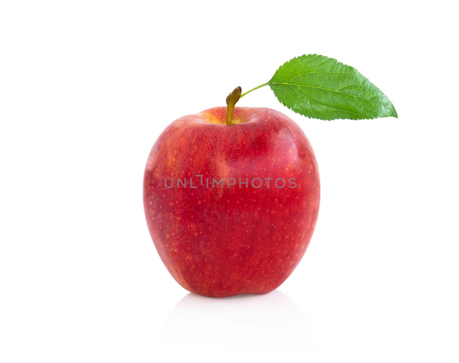 Fresh red apple fruit with green leaf isolated on white background, Healthy food concept