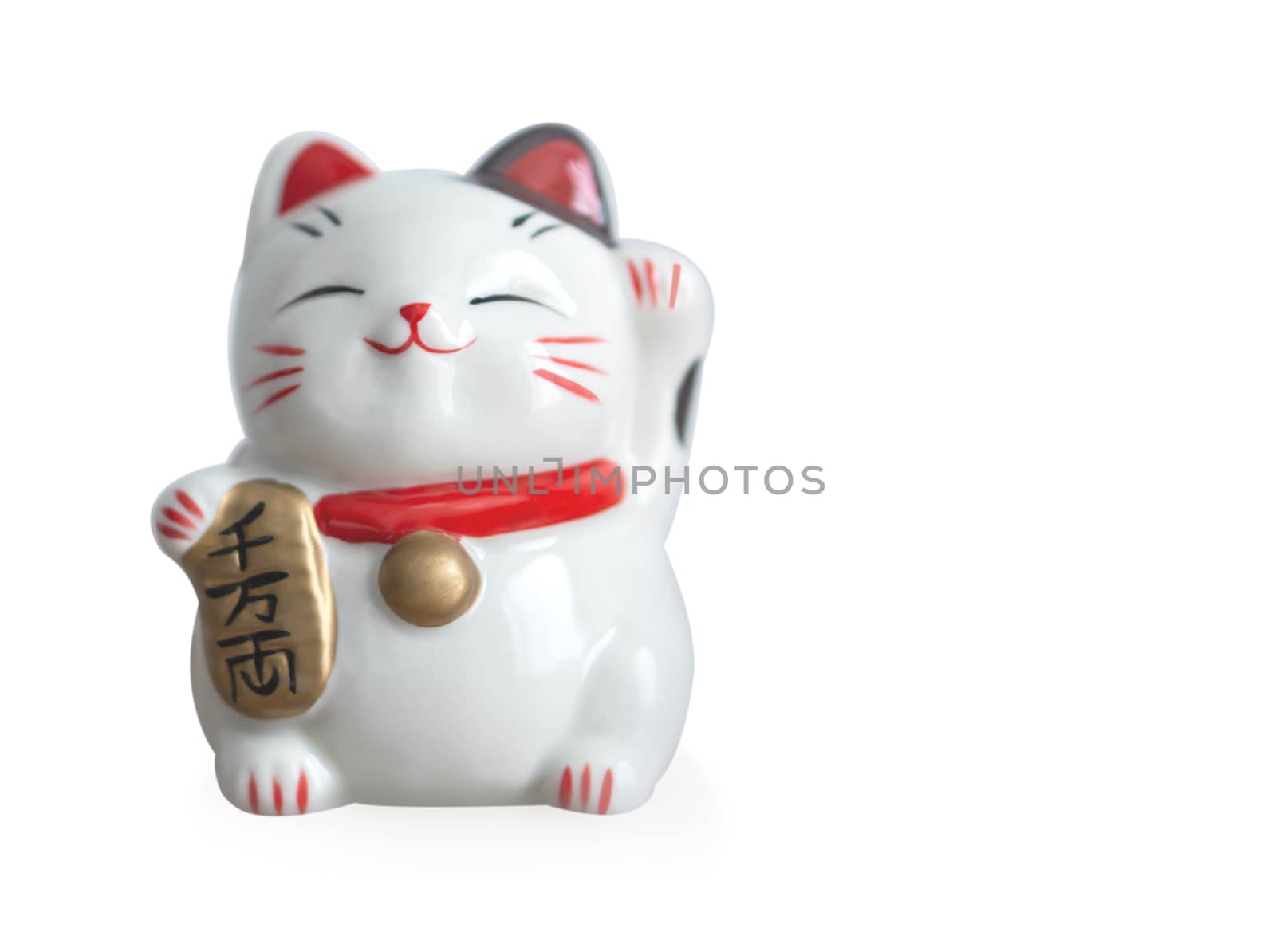 Maneki neko lucky cat show text on hand meaning rich on white background, select focus