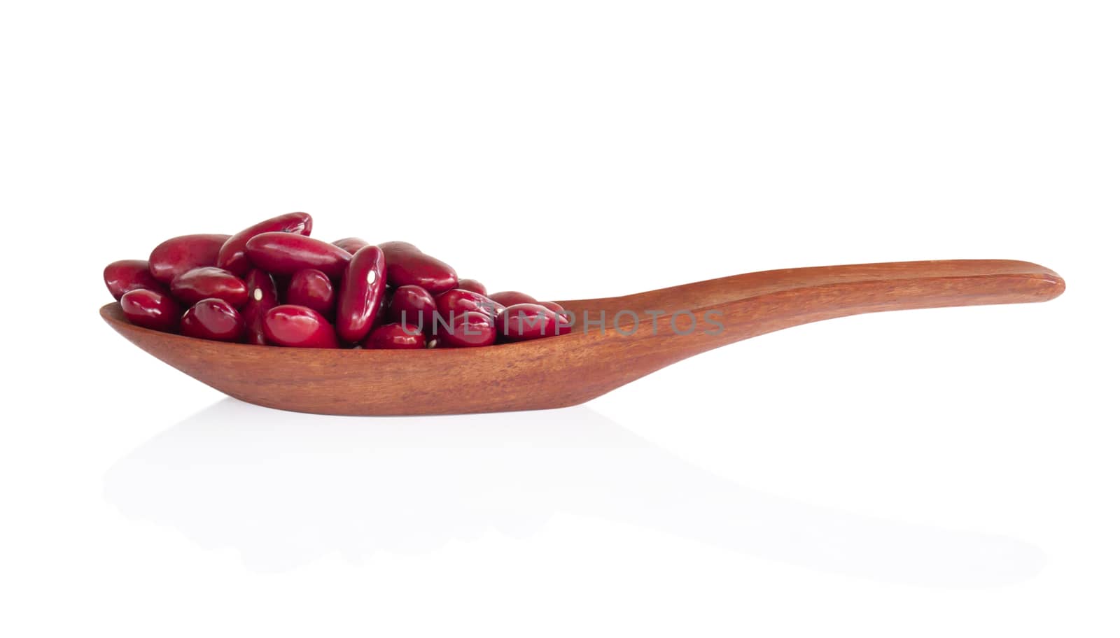 Red kidney beans in wood spoon isolated on white background, healthy food concept