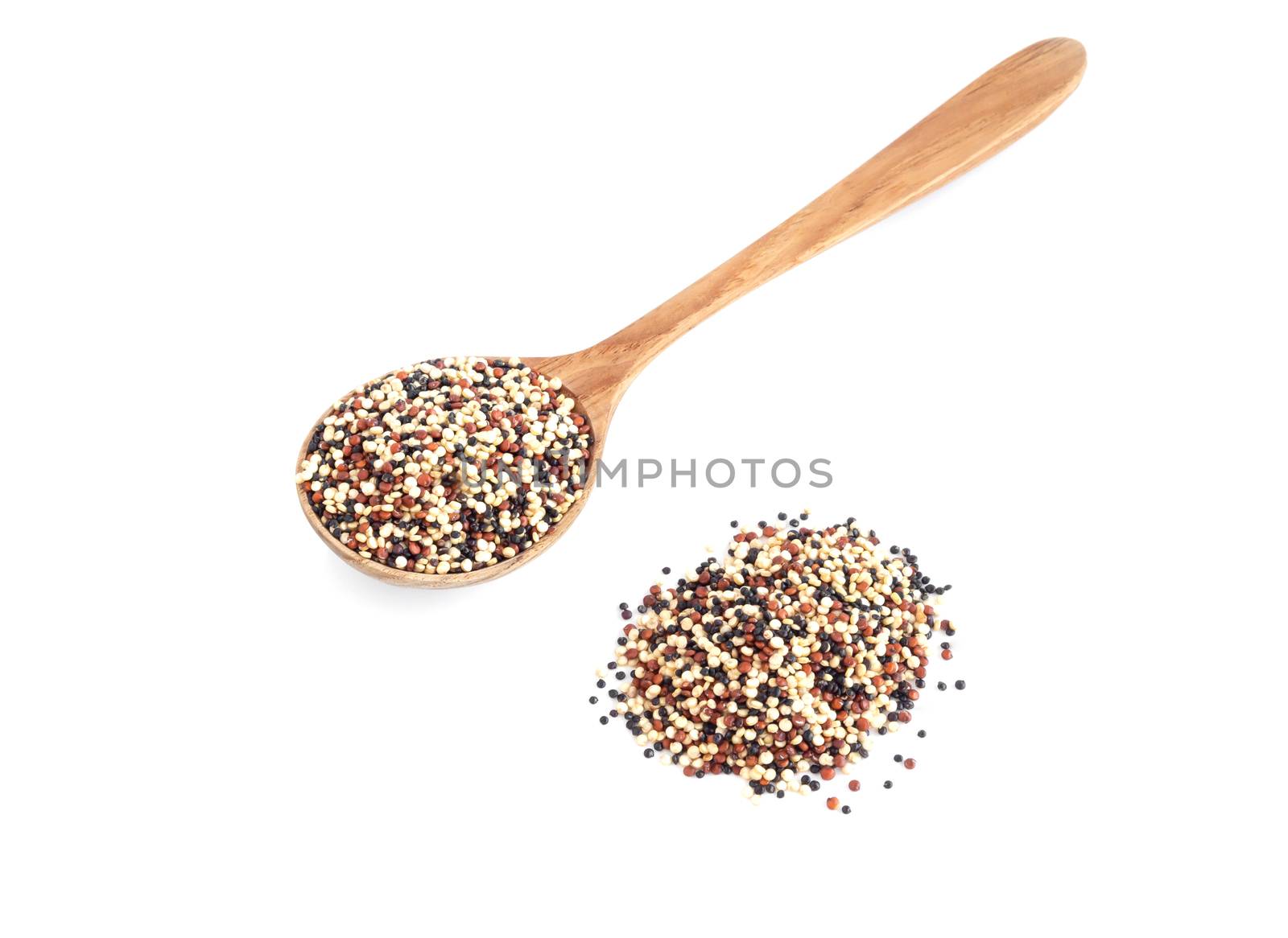 Quinoa in wooden spoon isolated on white background, health care concept