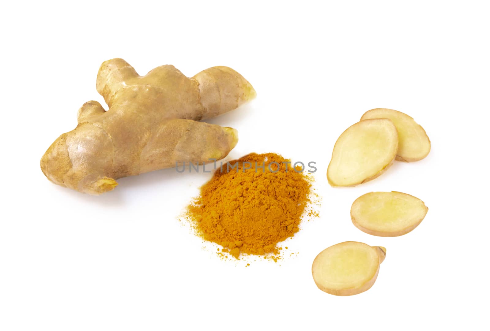 Fresh ginger root with sliced on white background for herb and medical product concept