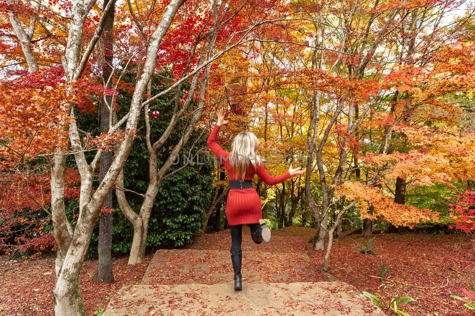 A joyous woman running through the garden during Autumn