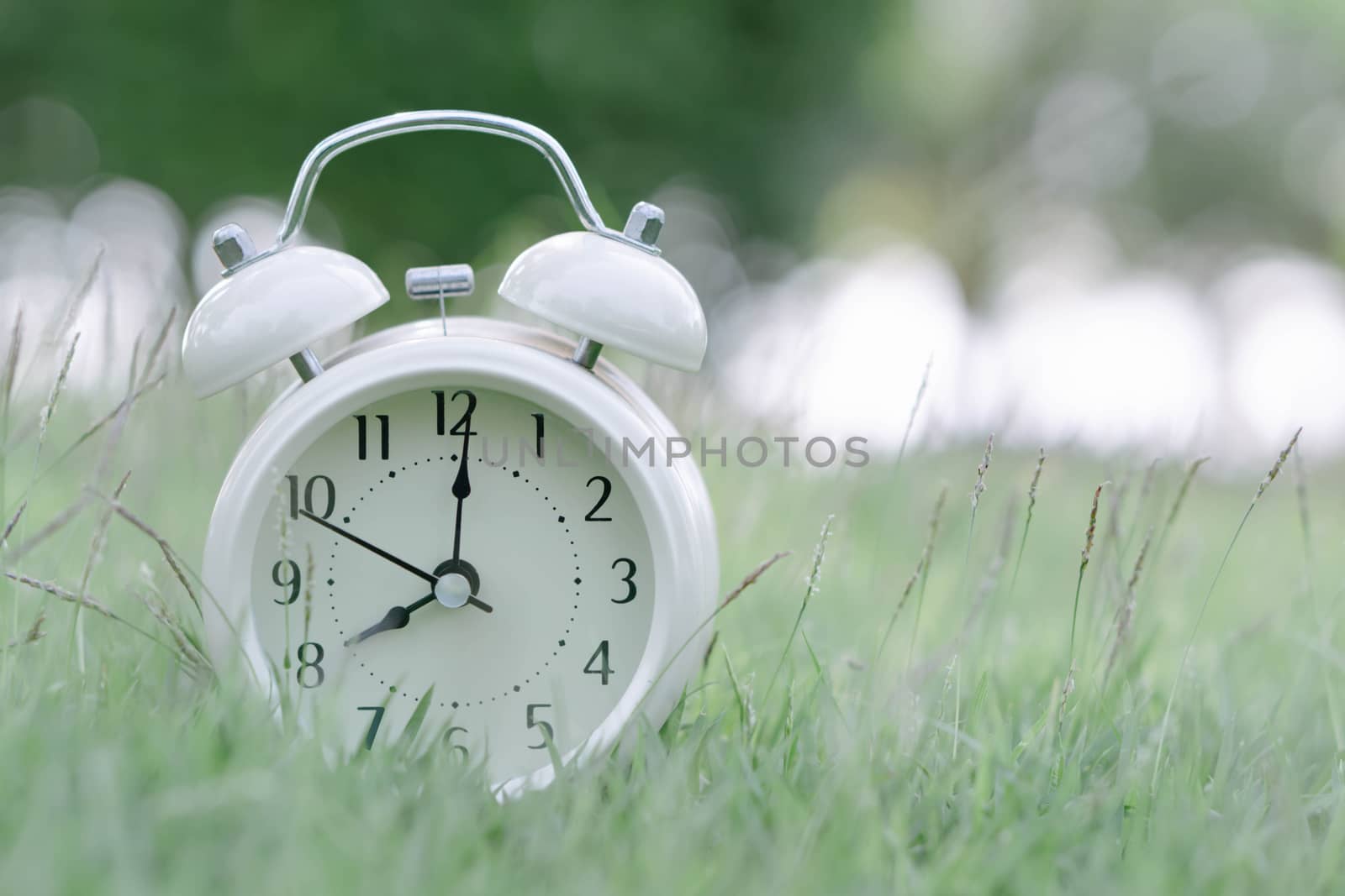Alarm clock on fresh green gress background, morning relax time concept