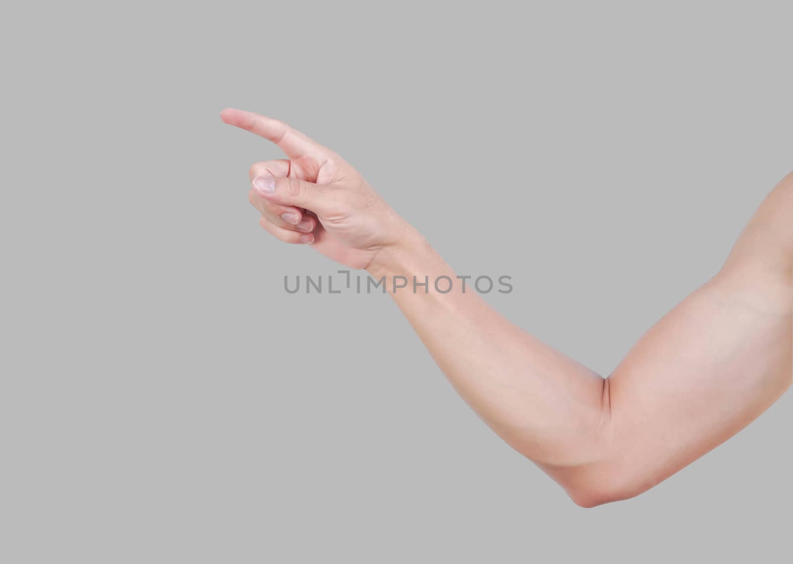 Man hand pointing and touch something isolated on grey background for product advertising concept