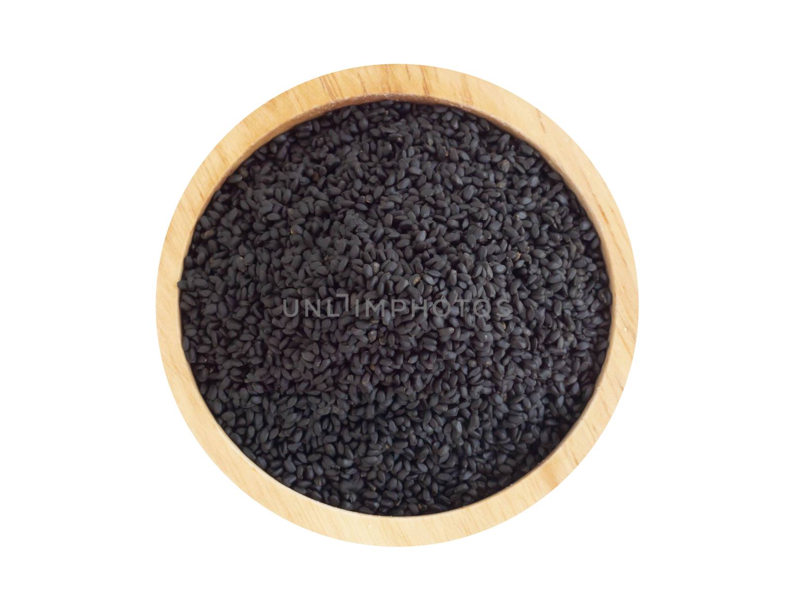 Top view black sesame seeds in wooden bowl on white background, healthy food concept
