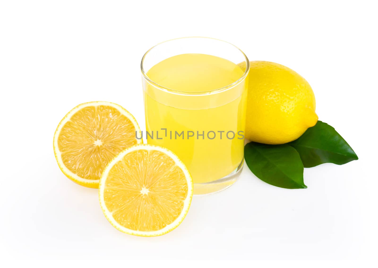 Closeup glass of lemon juice drink isolated on white background, food heathy concept