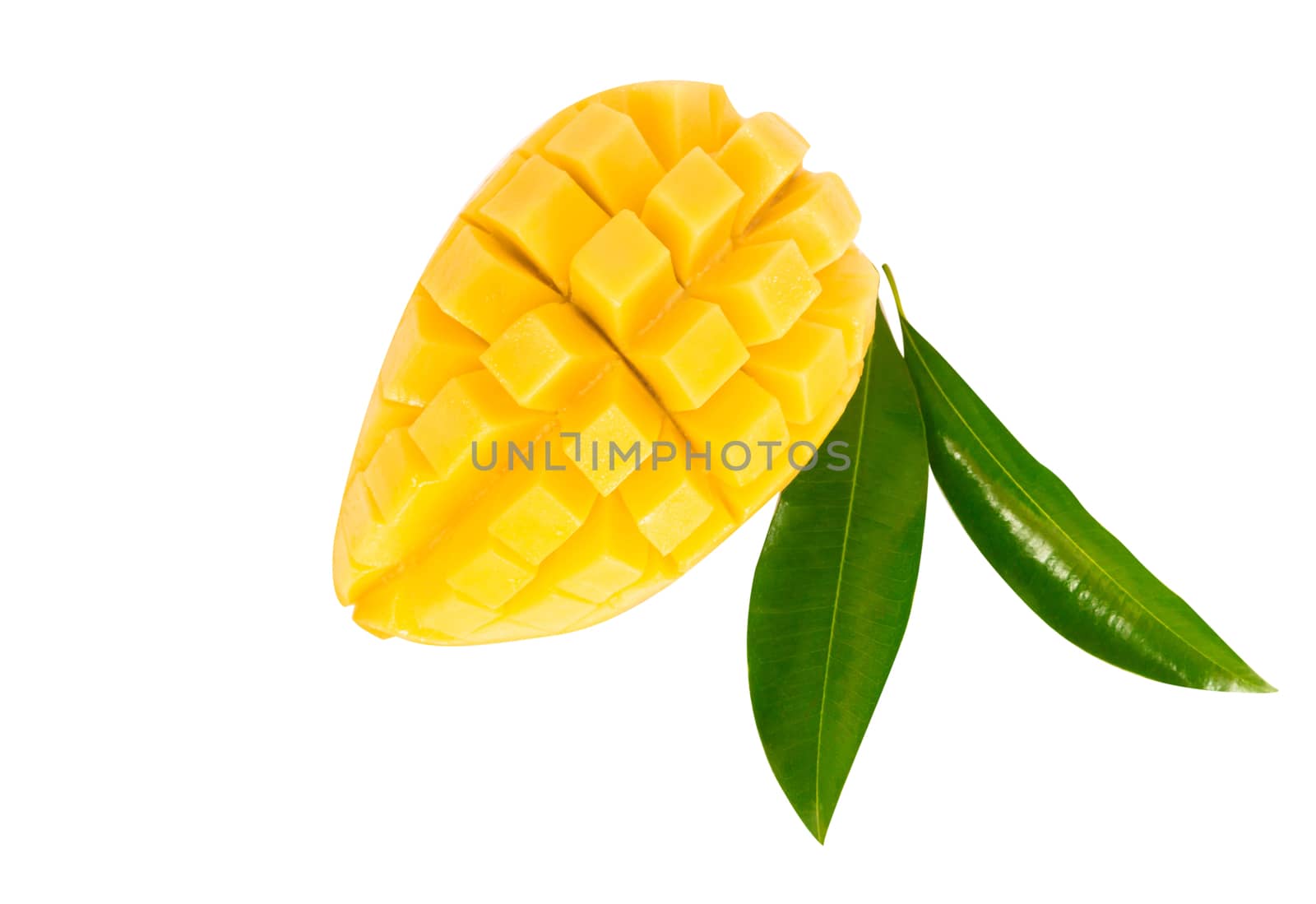 Closeup ripe mango tropical fruit with slice isolated on white background