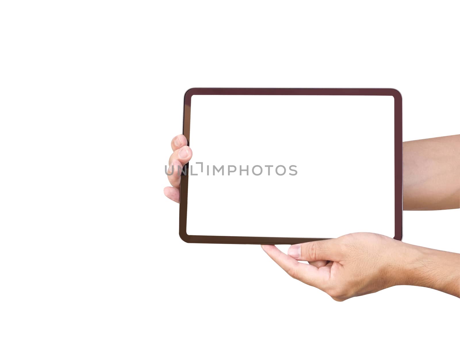 Close up man hand holding digital tablet computer with white screen for text or product advertising concept concept