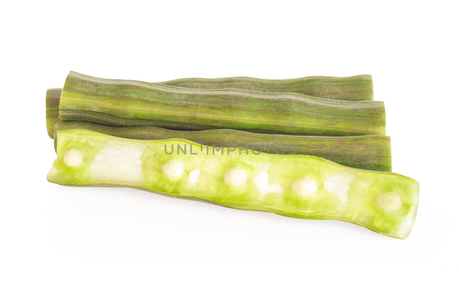 Moringa pods isolated on white background, herb and medical concept