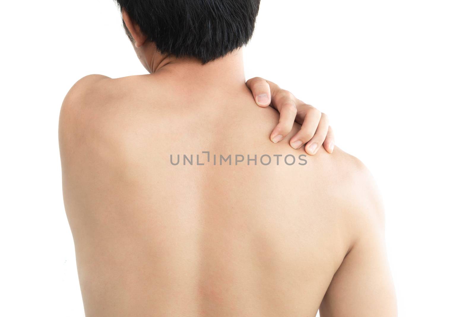 Closeup man hand holding shoulder with pain on white background, health care and medical concept