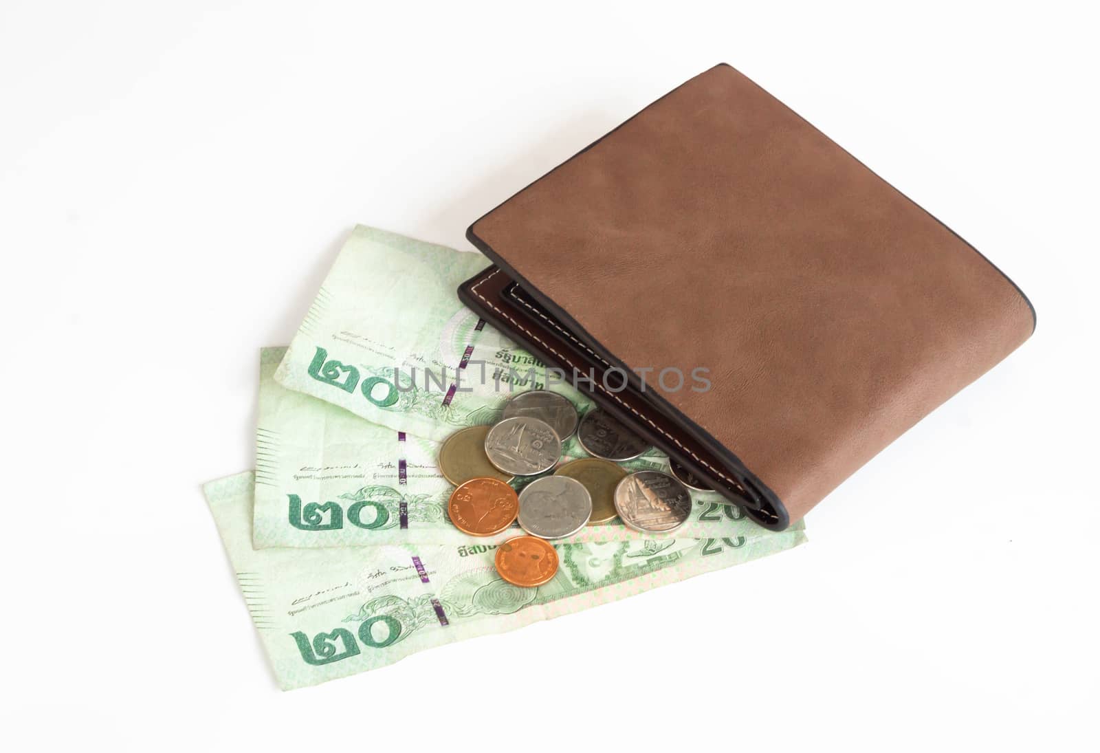 Men bag with thai banknotes and coin isolated on white background