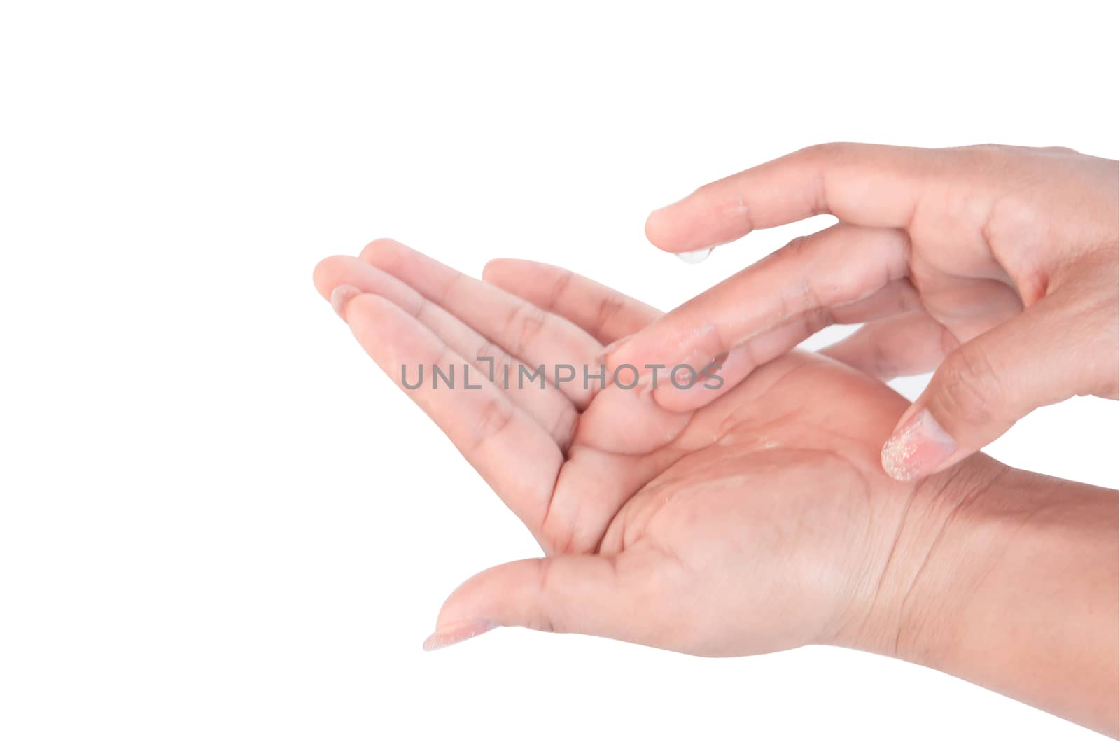 Closeup woman's hand washing with soap on white background, health care concept