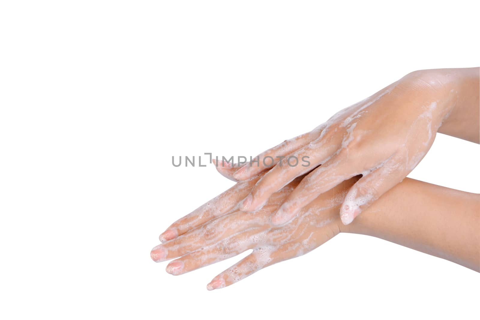 Closeup woman's hand washing with soap on white background, heal by pt.pongsak@gmail.com