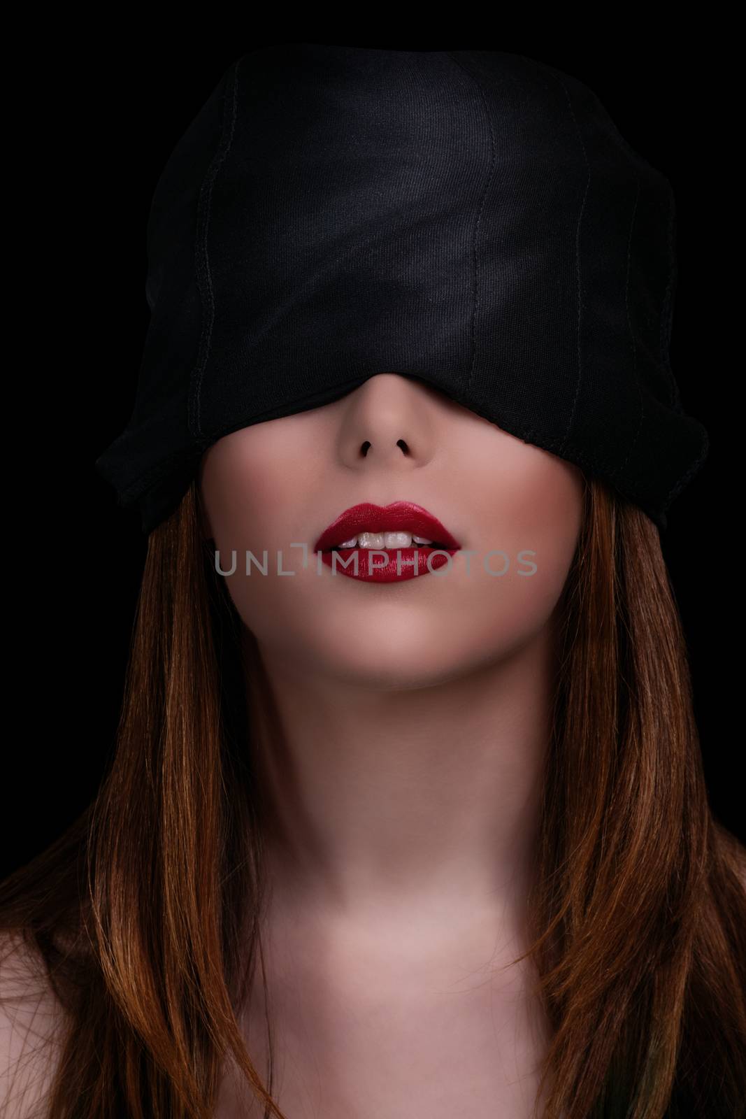 Beautiful blindfolded woman with red lipstick by Mendelex