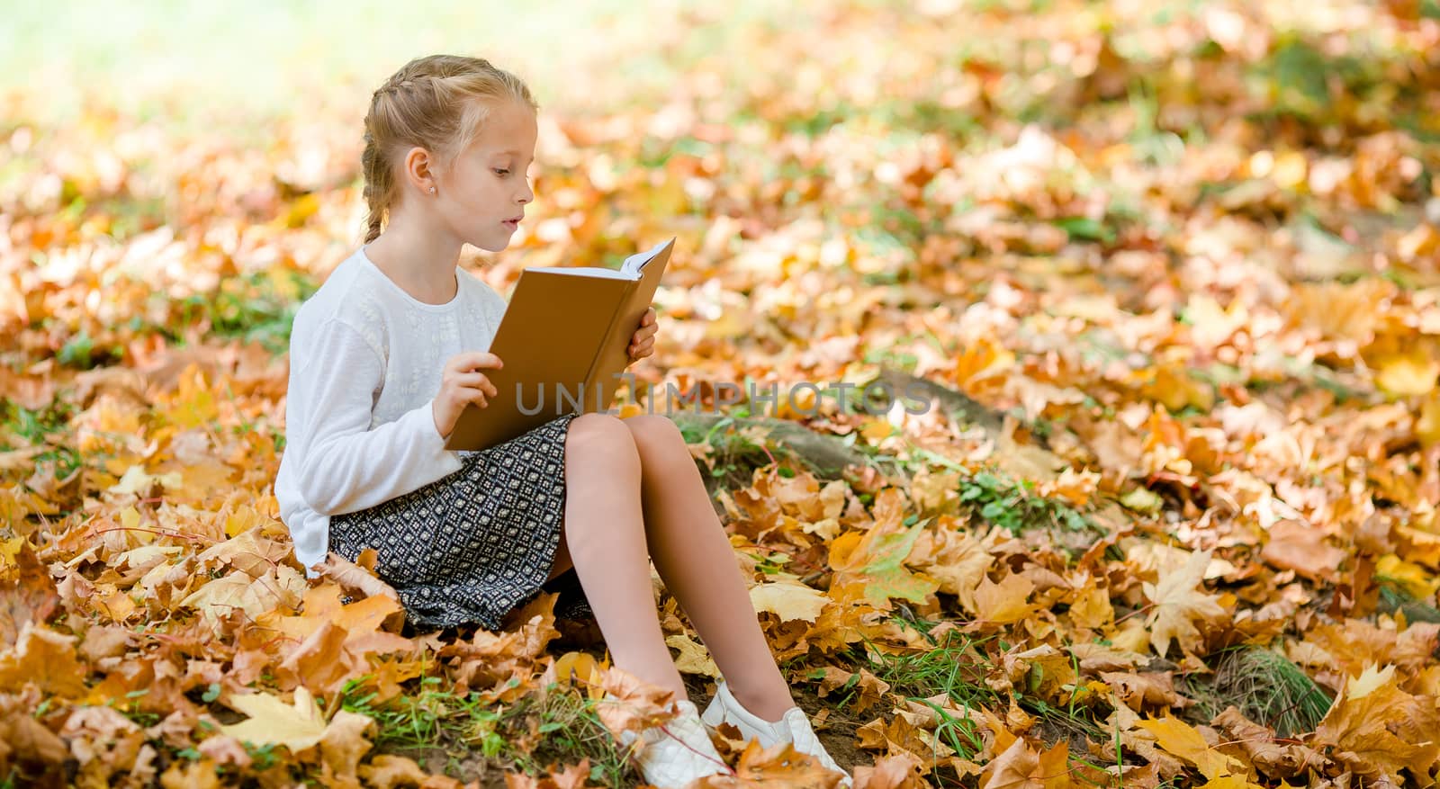 Adorable little girl at beautiful autumn day outdoors by travnikovstudio