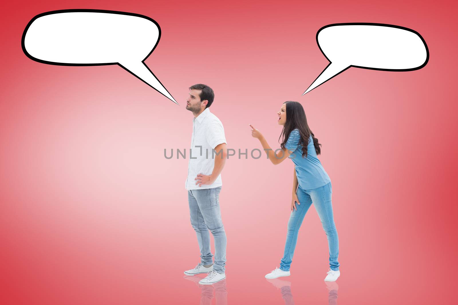 Angry brunette shouting at boyfriend against red vignette