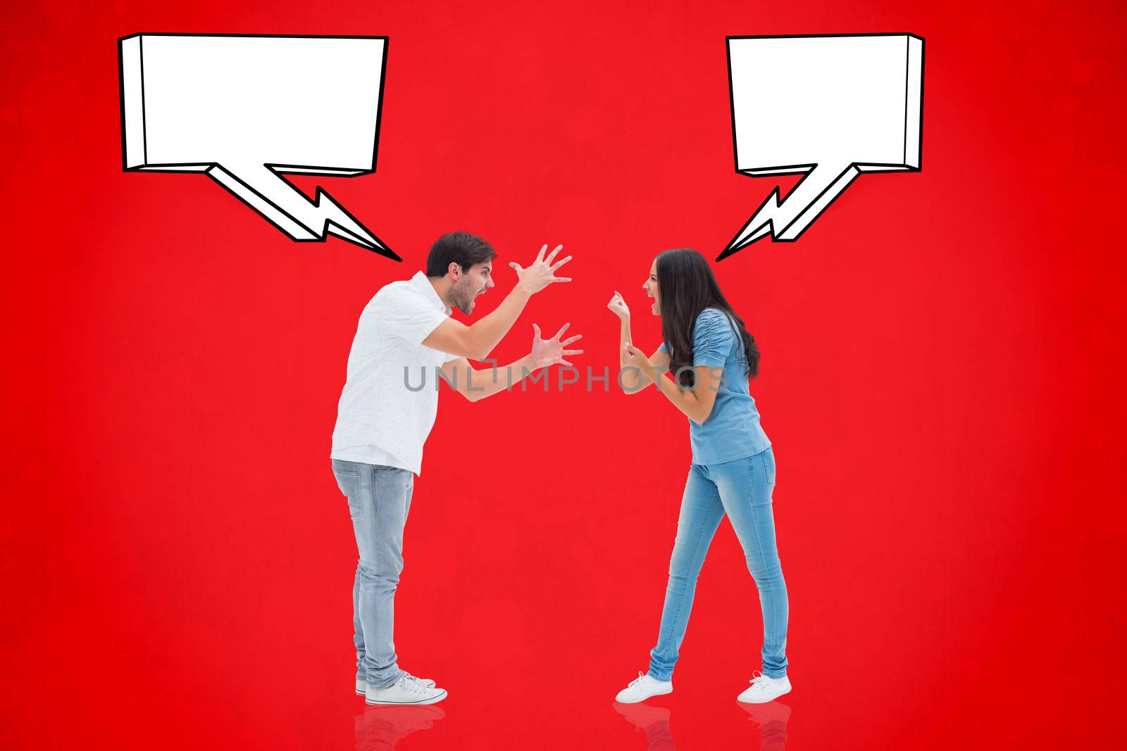 Angry couple shouting at each other against red background