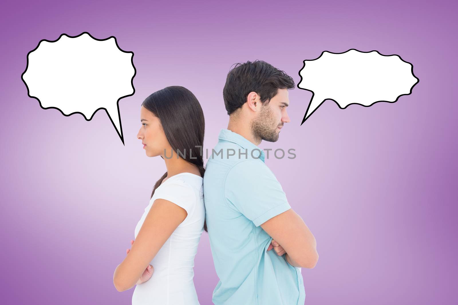 Unhappy couple not speaking to each other  against purple vignette
