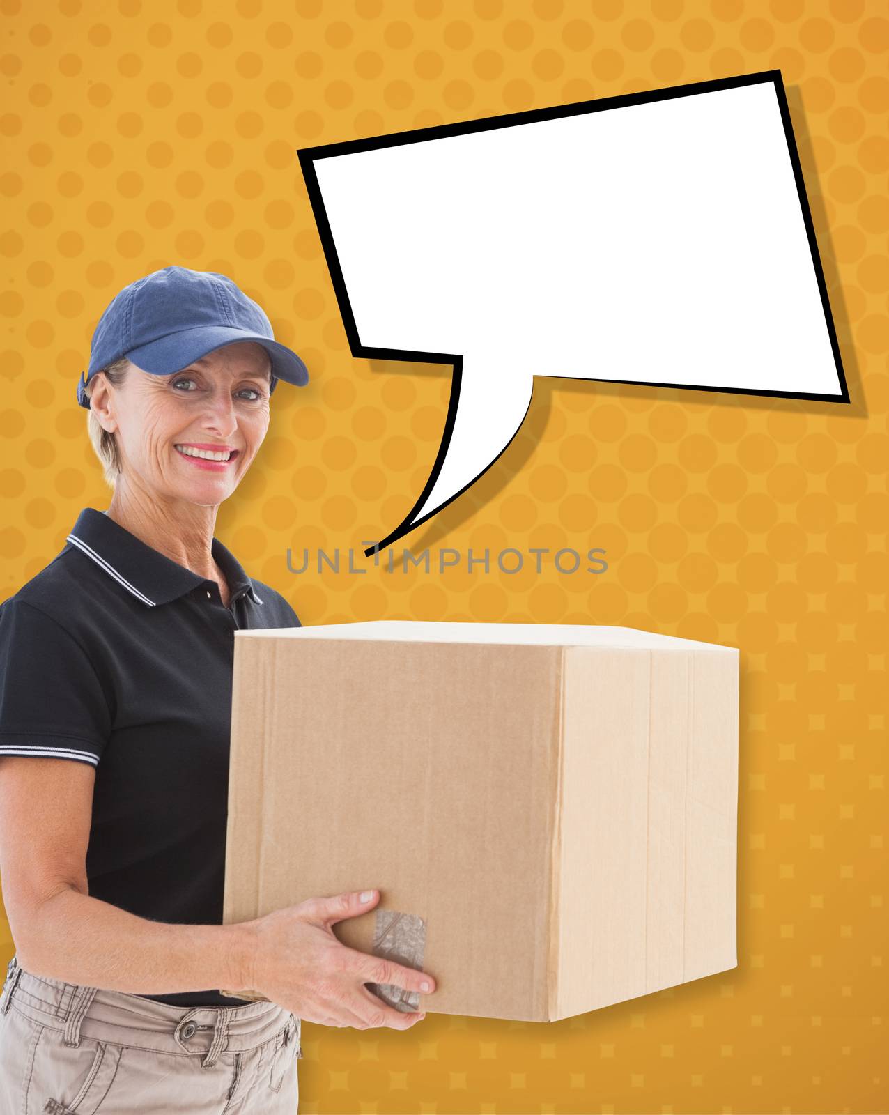 Happy delivery woman holding cardboard box against yellow