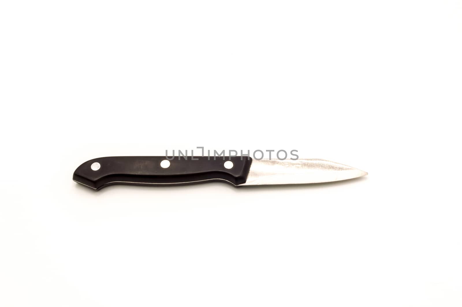 A small knife spins with a black wooden handle, isolated on a white background