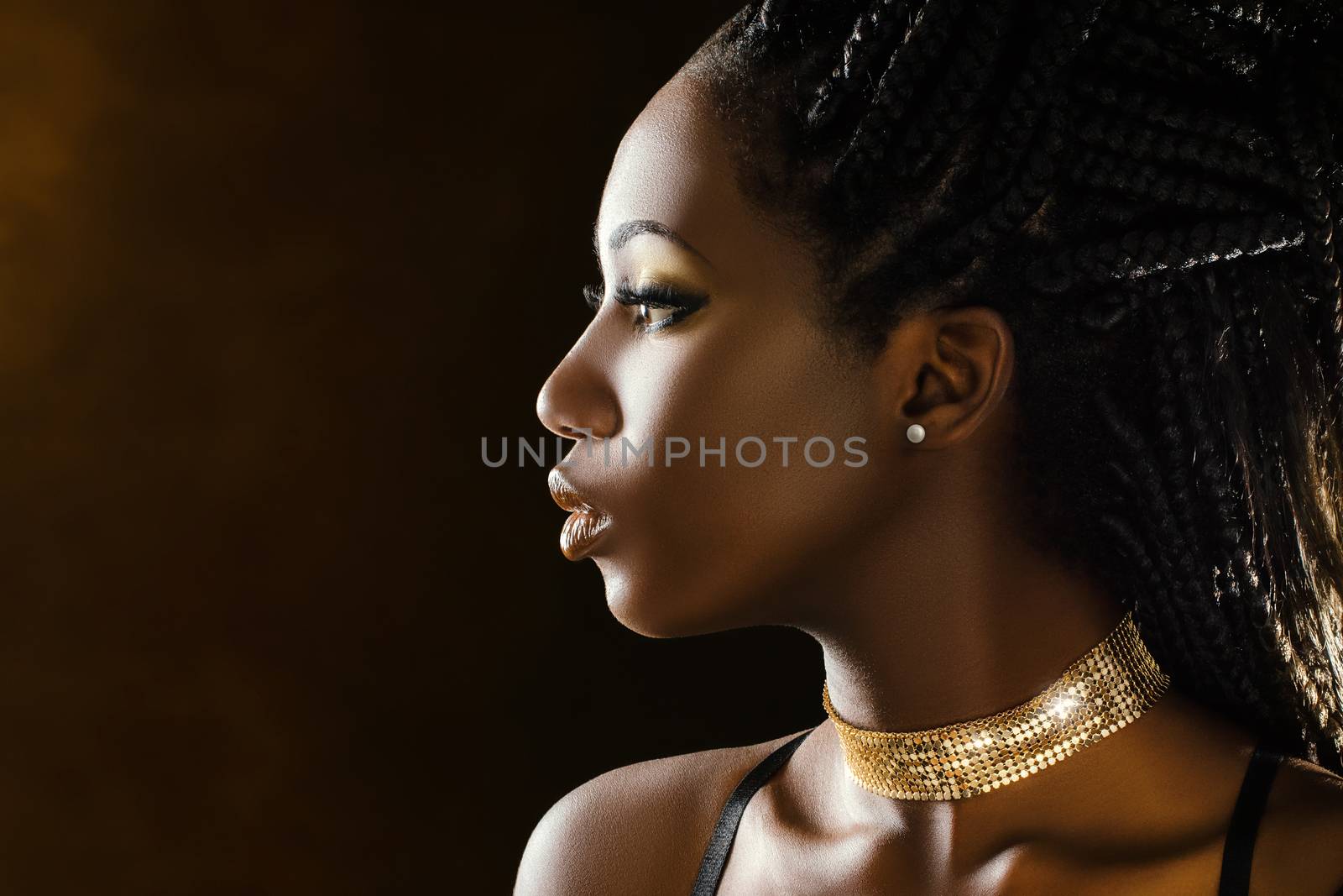 Close up sensual studio portrait of beautiful young african girl.Side view of woman with braided hairstyle.