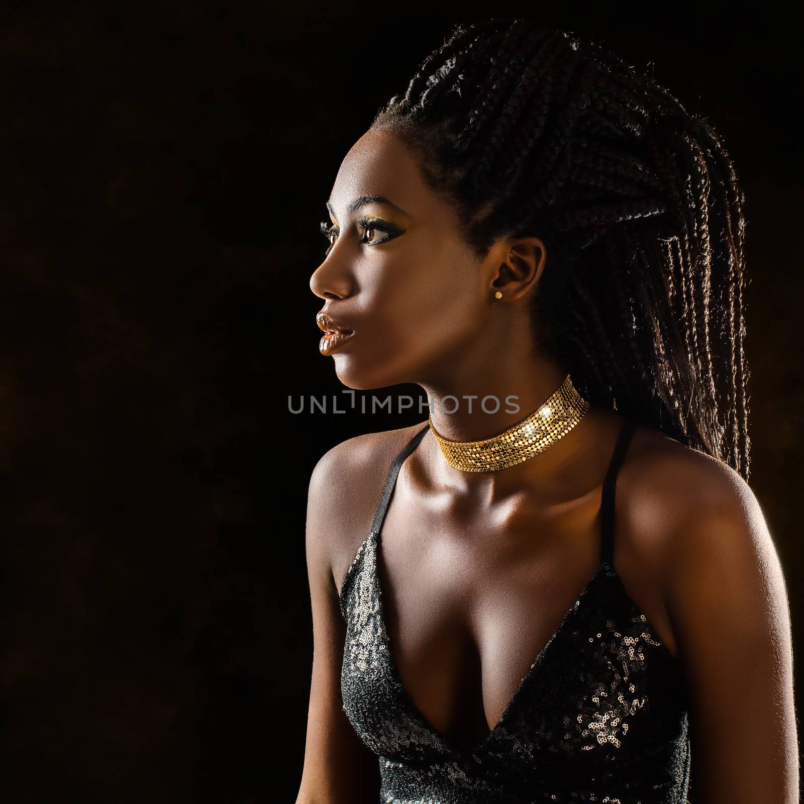 Close up portrait of elegant young african woman in party dress. Low key close up studio shot of girl with long braided hair against dark background.