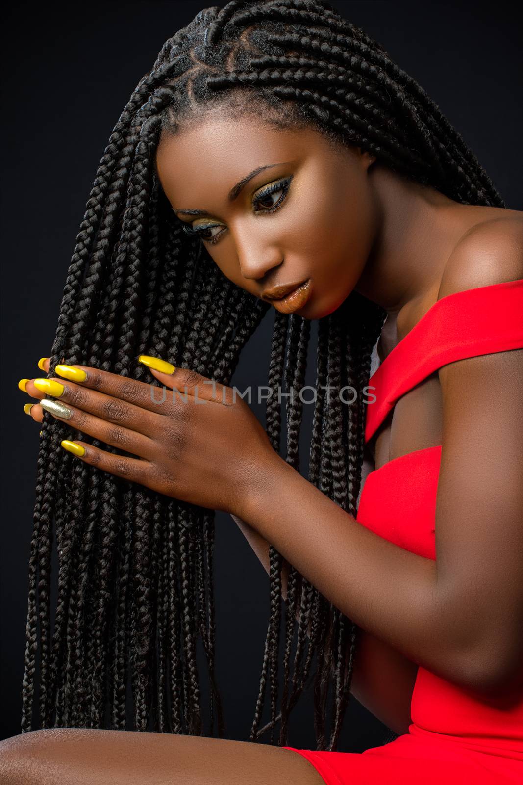 Close up studio portrait of sensual young african woman caressing long braided hair.