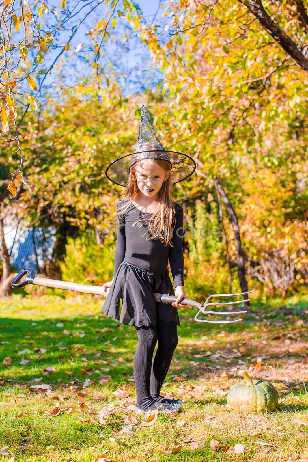 Happy little girl with broom wearing witch costume on Halloween. Trick or treat. by travnikovstudio
