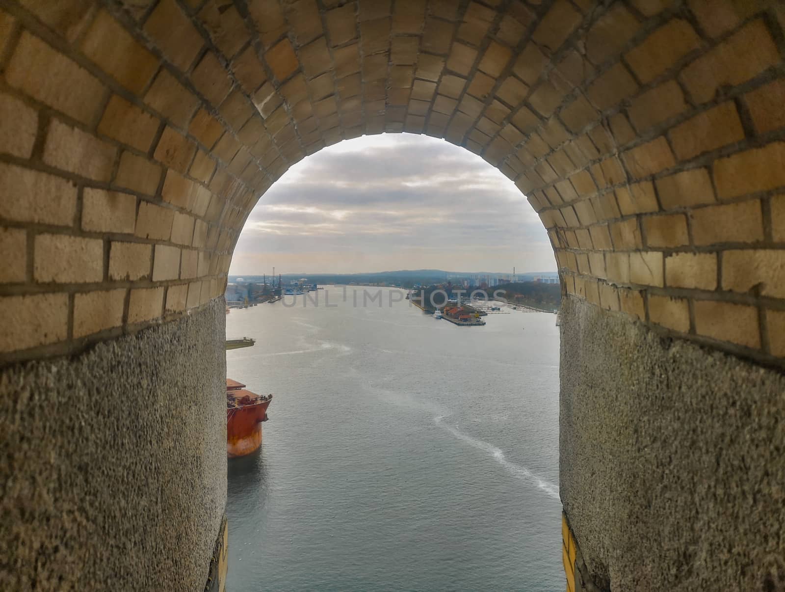 Look from Lighthouse window in Swinoujscie to sea channel and sea at fall in November