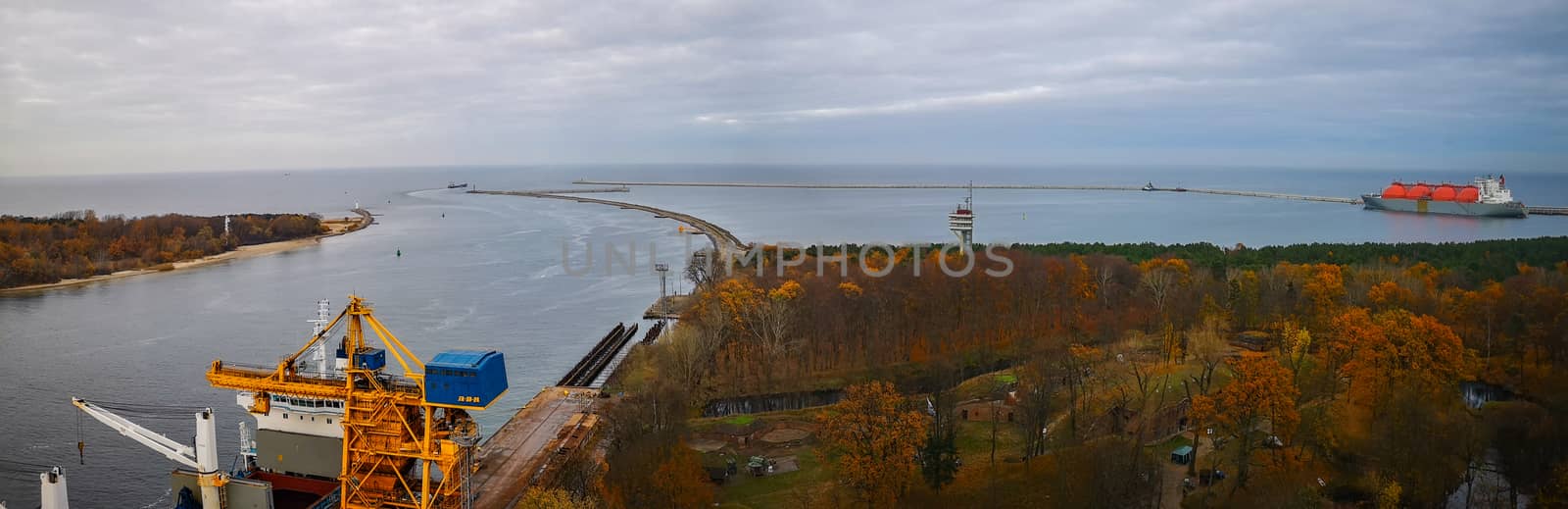 Look from Lighthouse in Swinoujscie to park and sea at fall in November