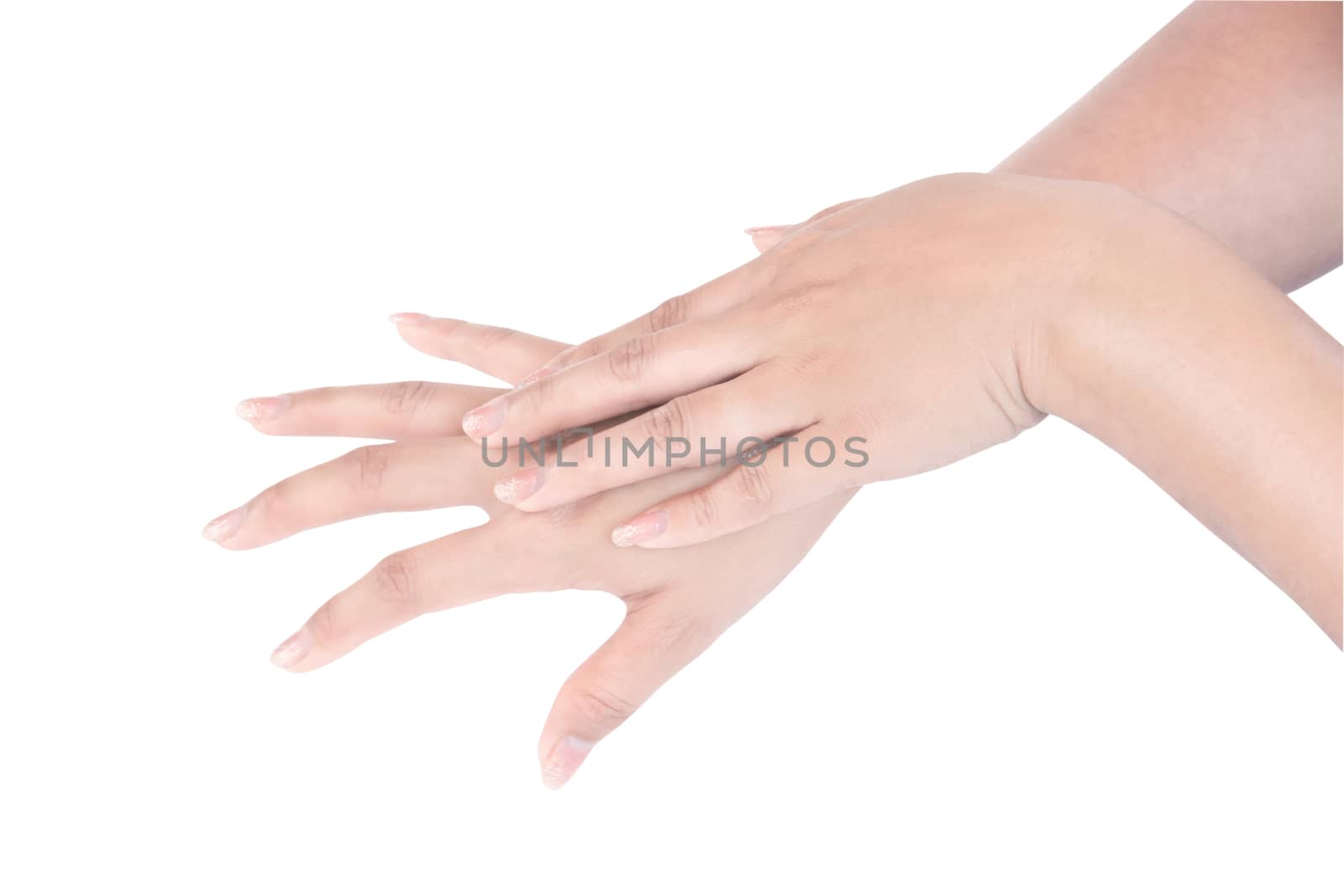 Closeup woman's hand washing with soap on white background, health care concept