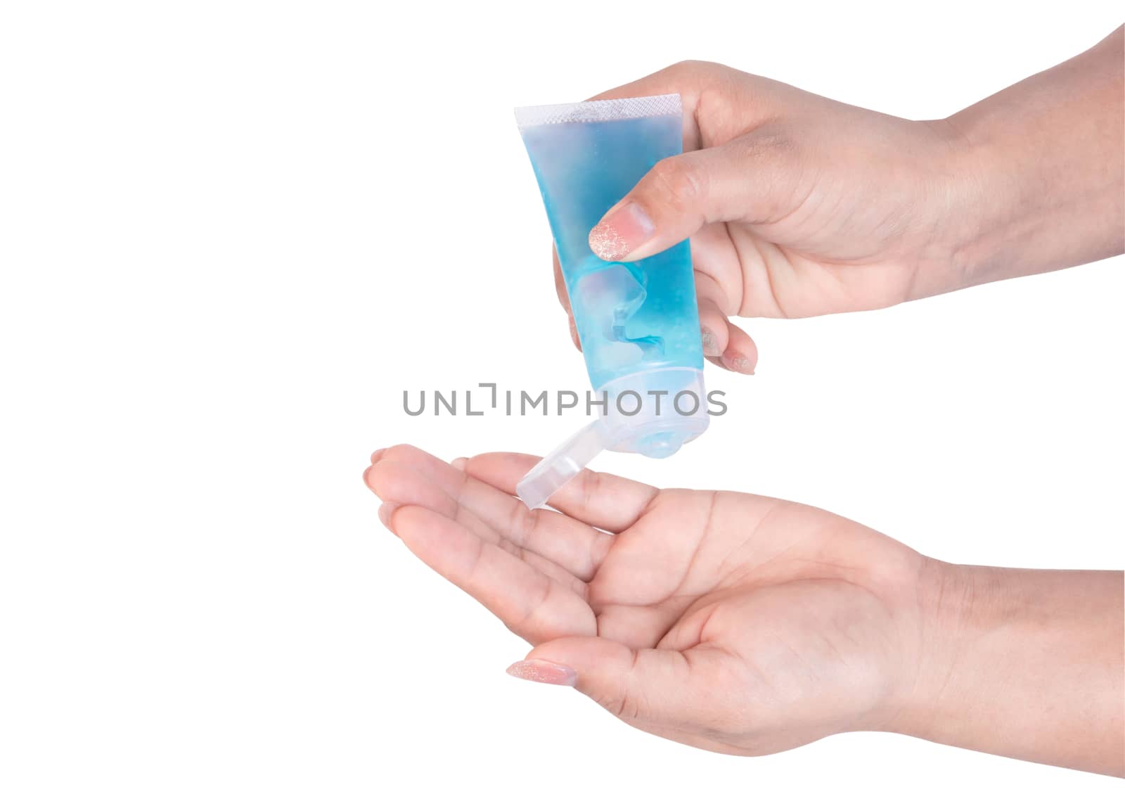 Woman hand using alcohol gel in plastic tube for washing hand, health care and medical concept