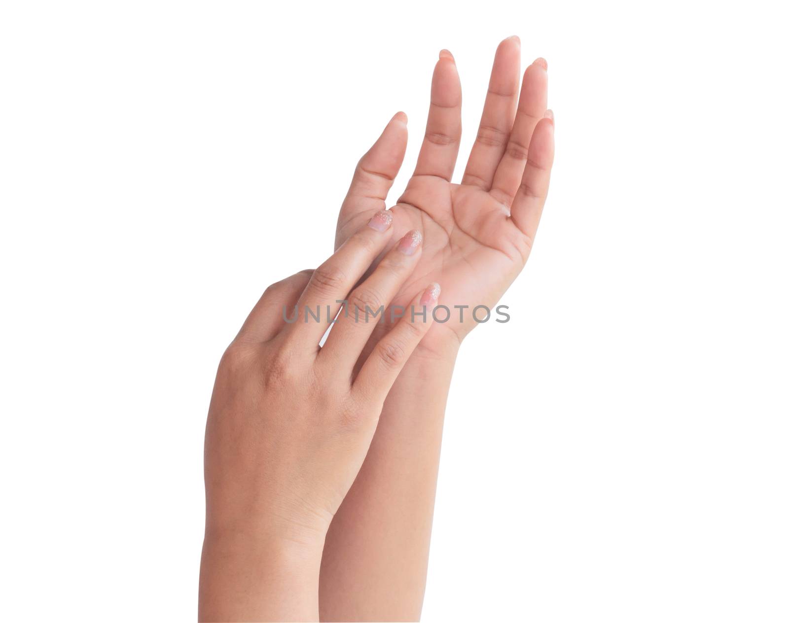 Empty hand holding something isolated on white background for advertising concept