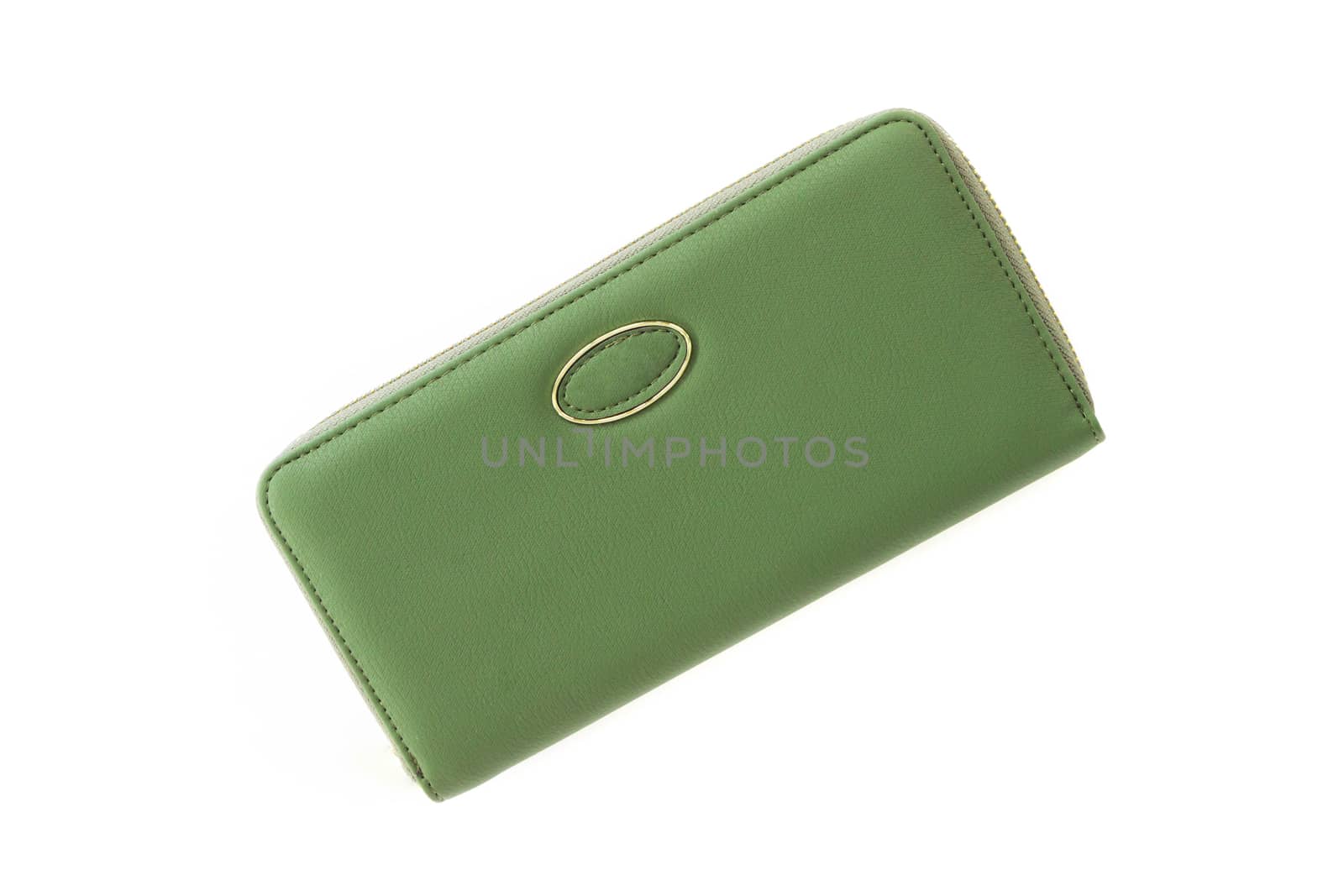 Closeup modern green color woman wallet on white background