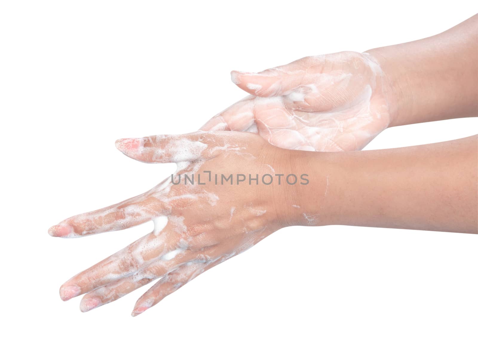 Closeup woman's hand washing with soap on white background, heal by pt.pongsak@gmail.com