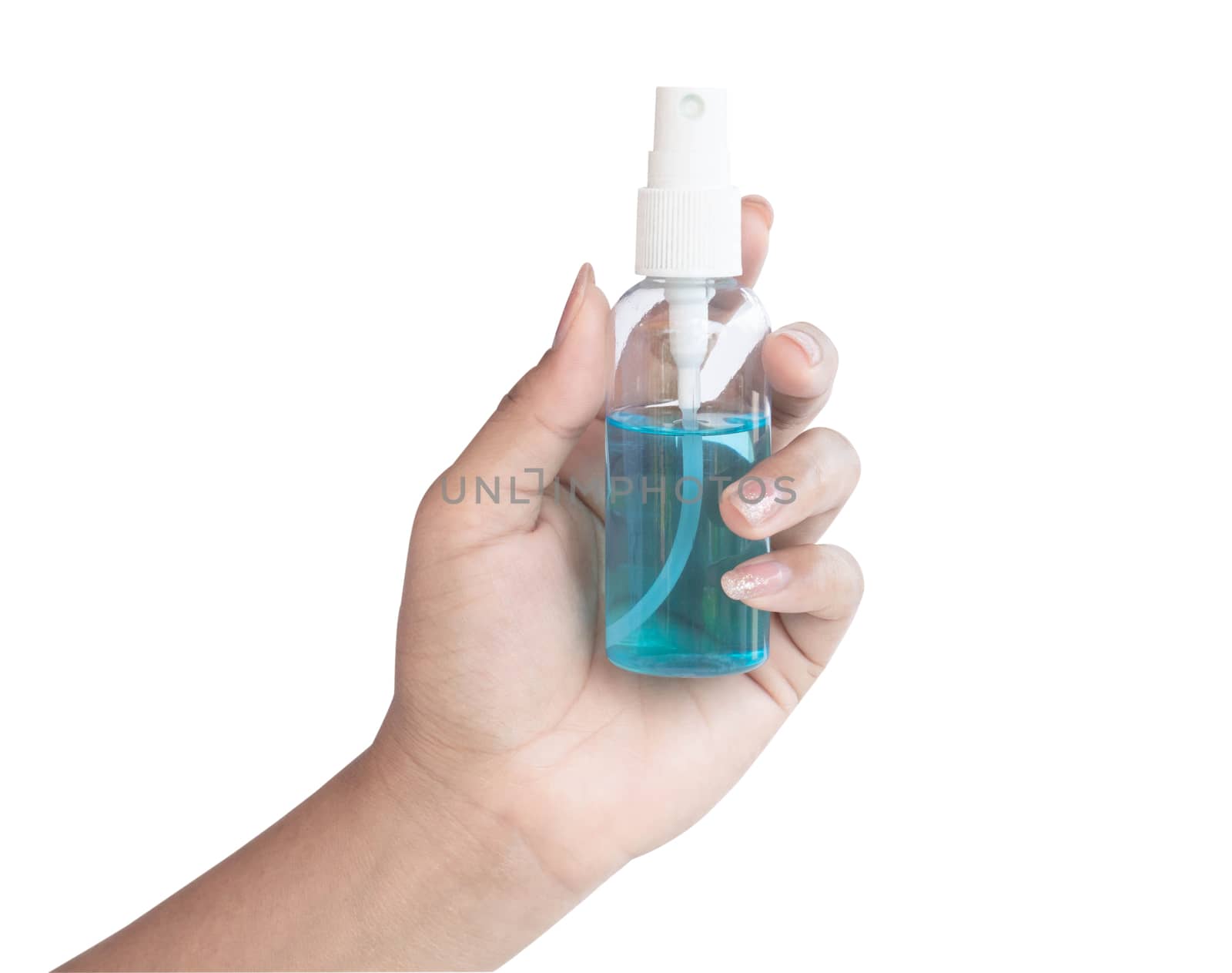 Woman hand using alcohol spray in plastic bottle for washing hand, health care and medical concept