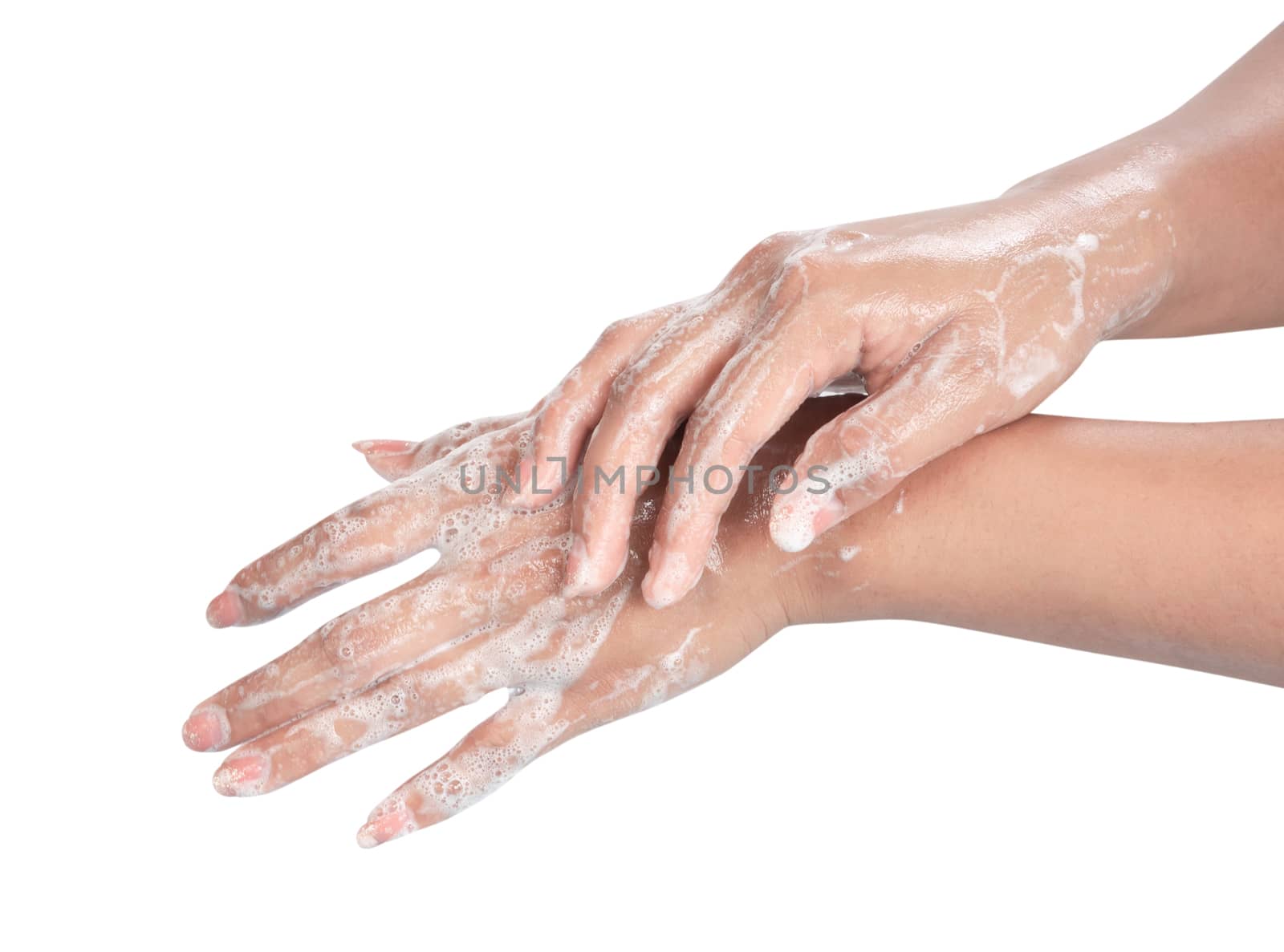 Closeup woman's hand washing with soap on white background, health care concept