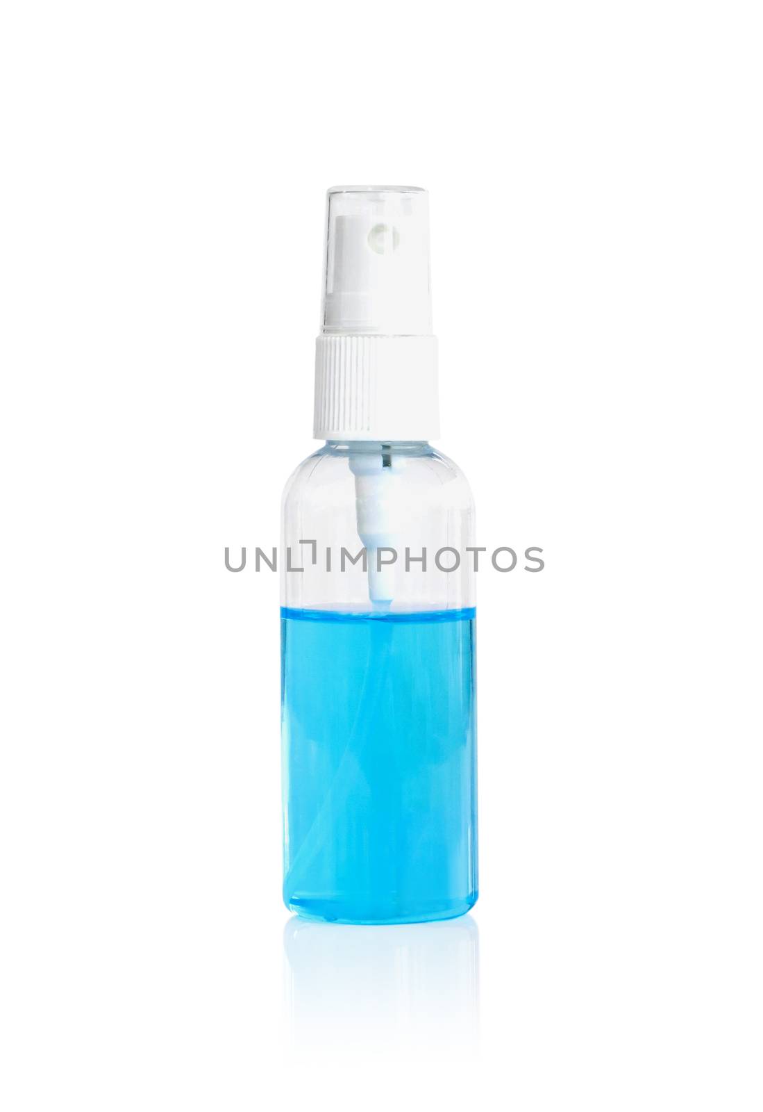 Alcohol in plastic bottle spray isolated on white background for washing hand, health care and medical concept
