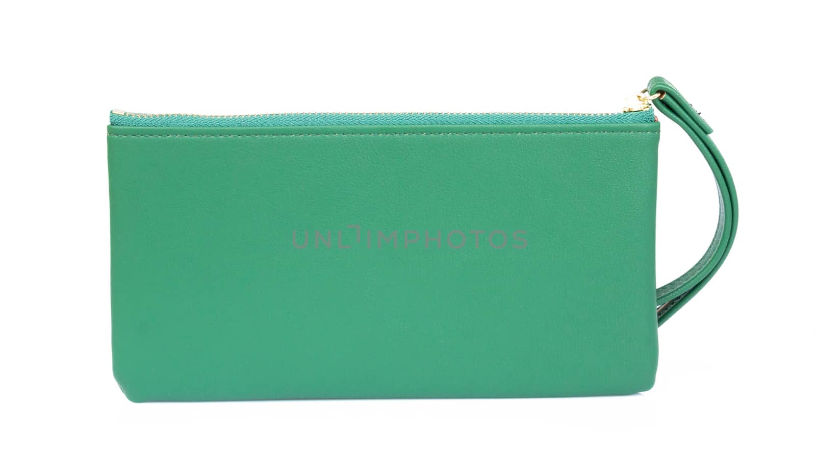 Closeup modern green color woman wallet on white background