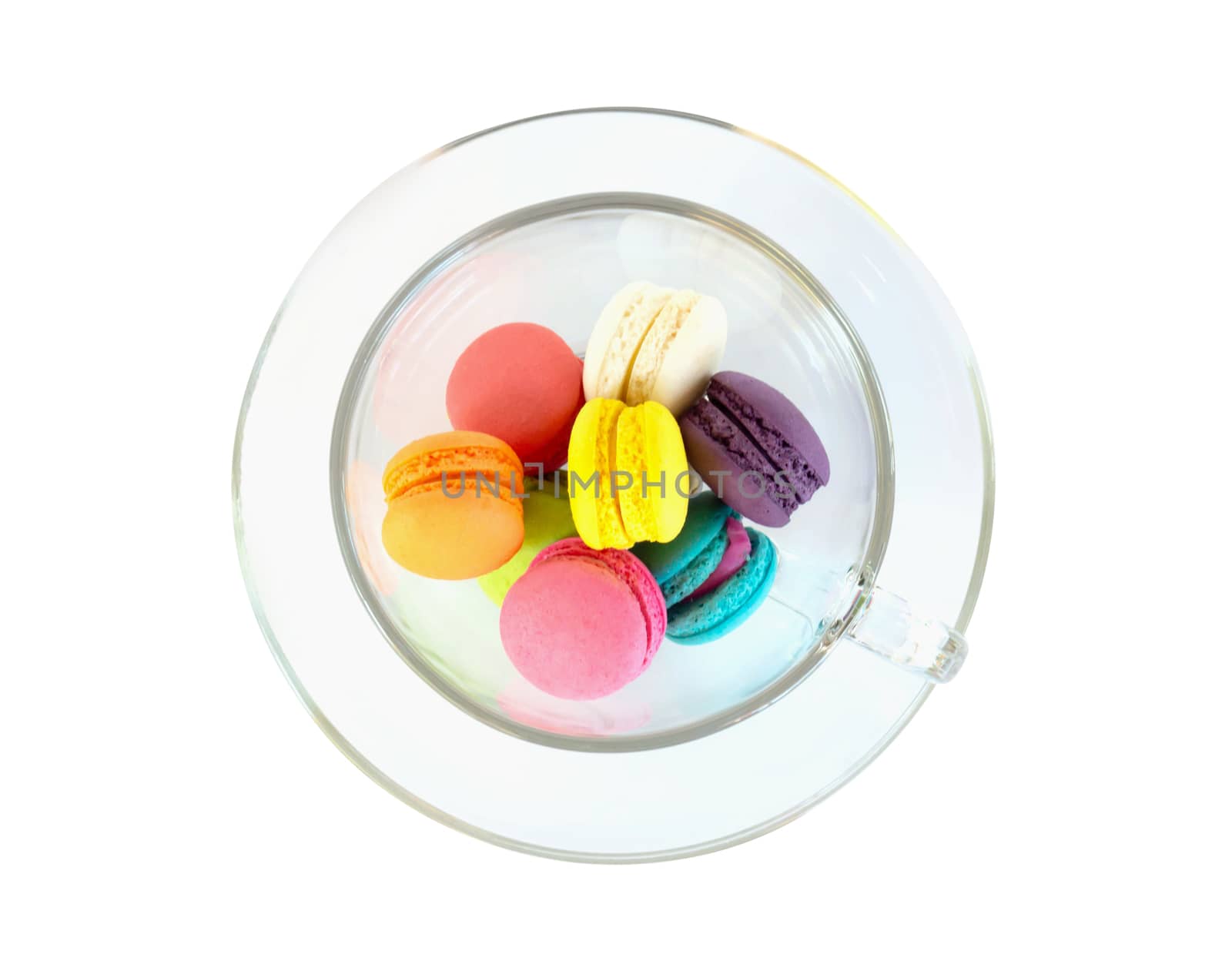 Top view Colorful magaroons in glass isolated on white background, sweet and dessert concept