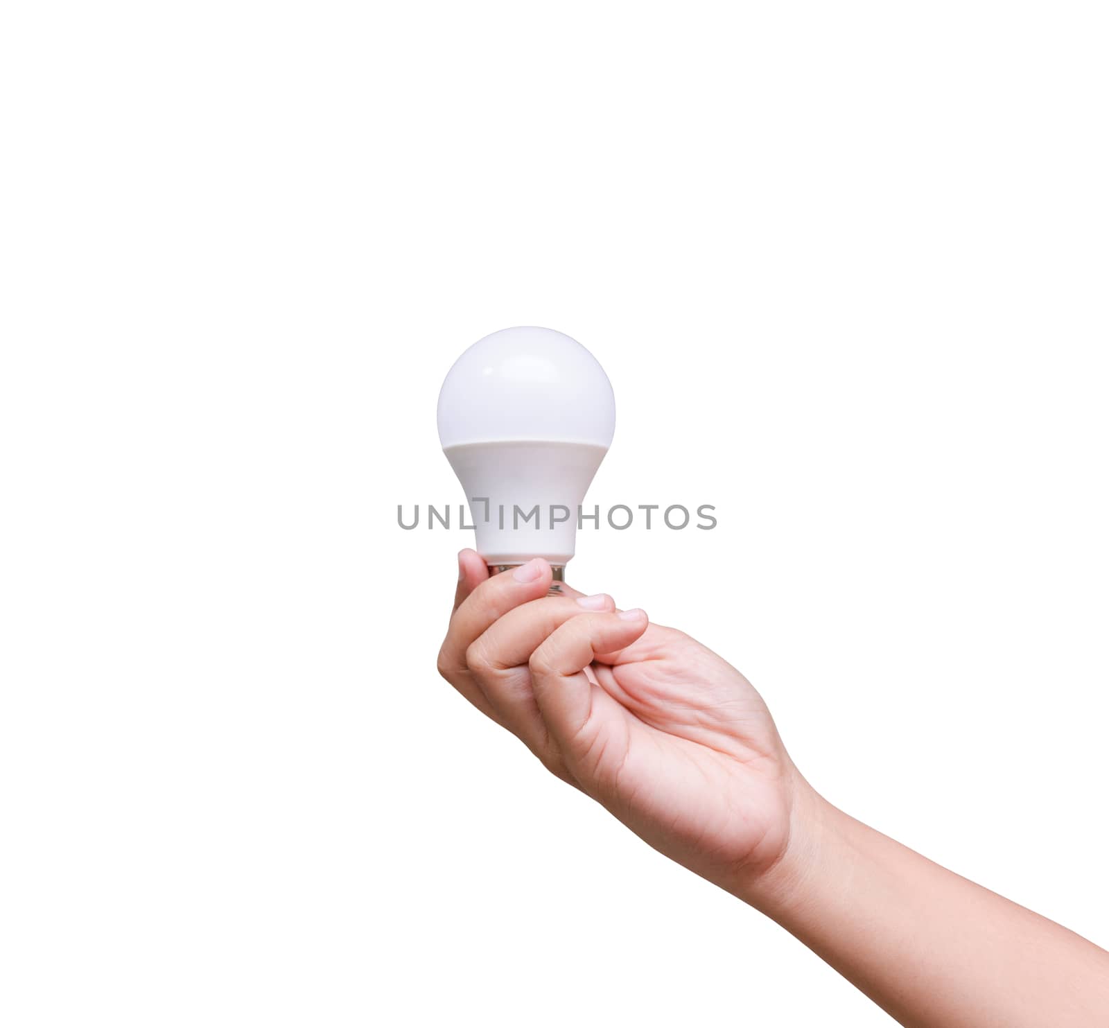 Isolated of woman hand holding LED bulb on white background by thekaikoro
