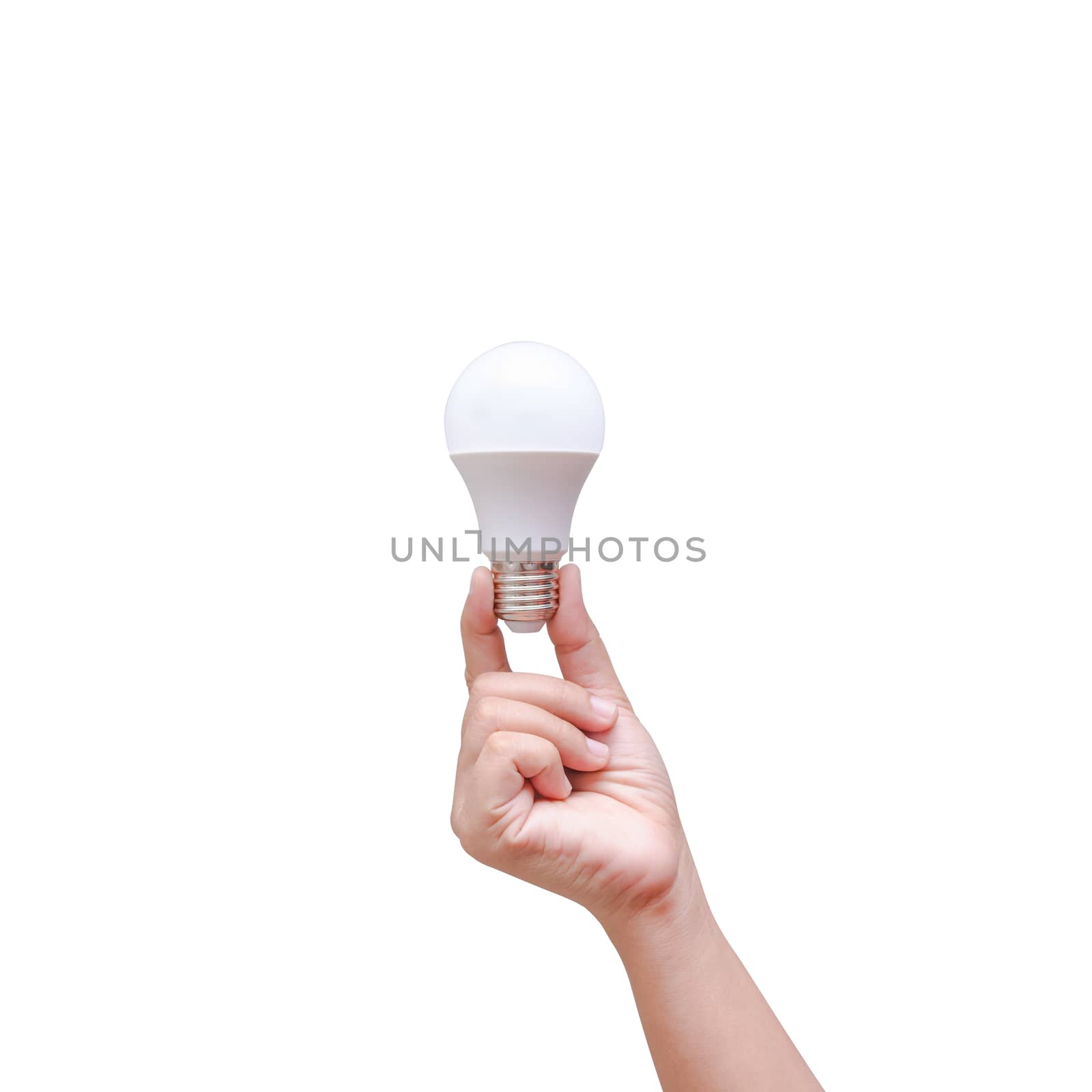 Woman hand holding LED bulb isolated on white background by thekaikoro